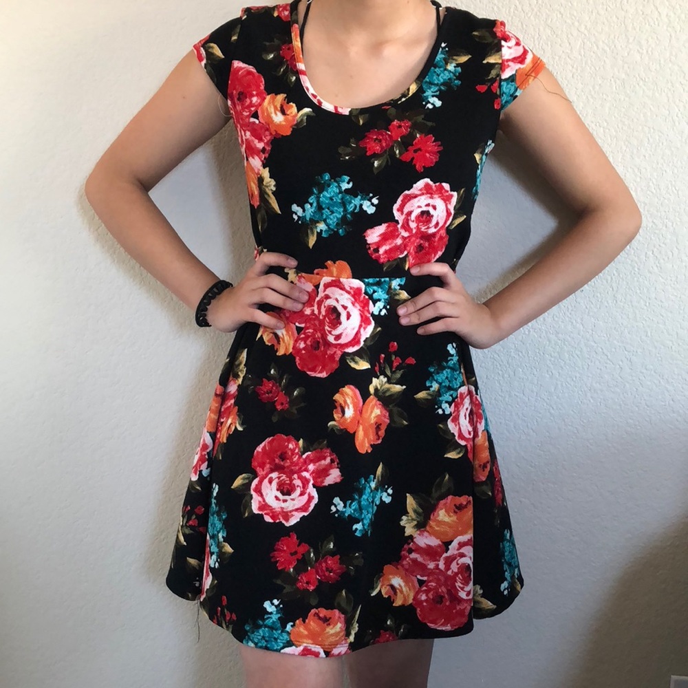 Black Vibrant Color Floral Fit and Flare Dress